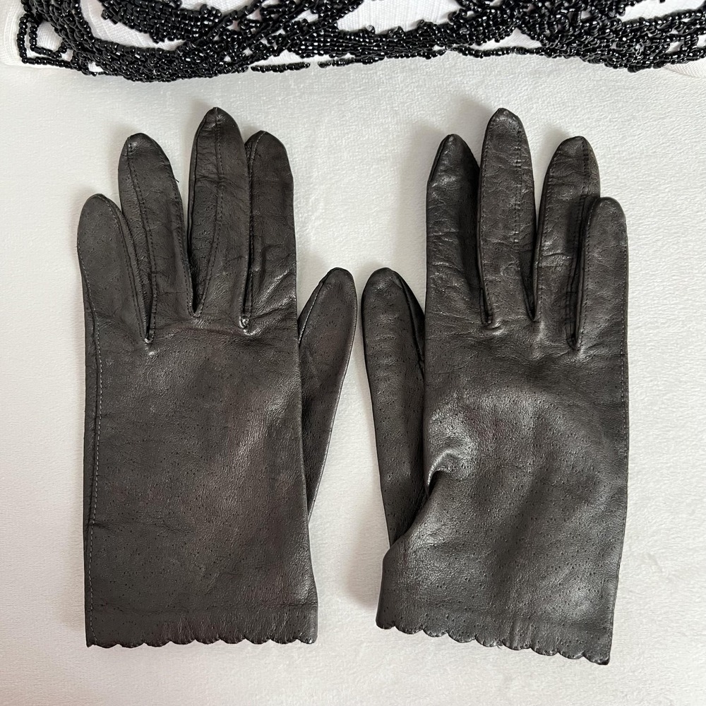 Vintage Van Raalte‎ Leather Gloves Womens 7.5 Brown Dress Scalloped 80s 90s
